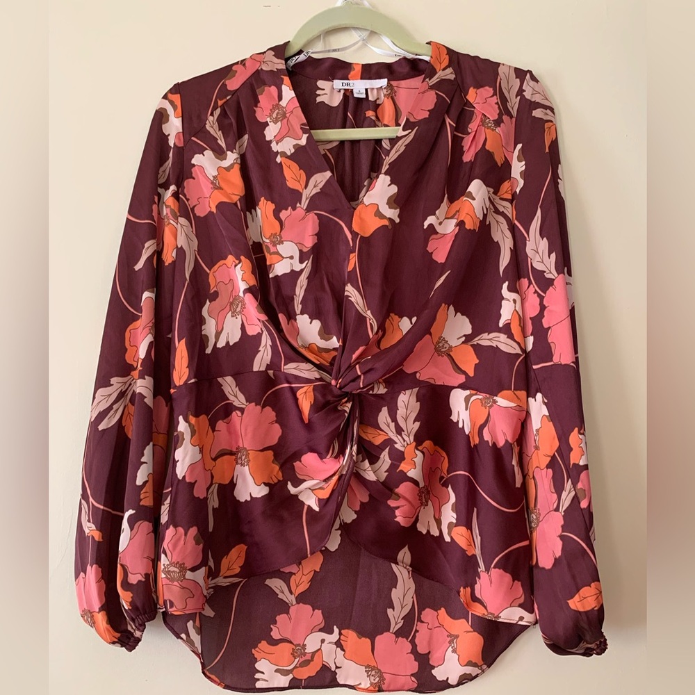 DR2 Women's Floral Blouse Twist Front 3/4 Sleeve Pink Orange Brown Burgundy S